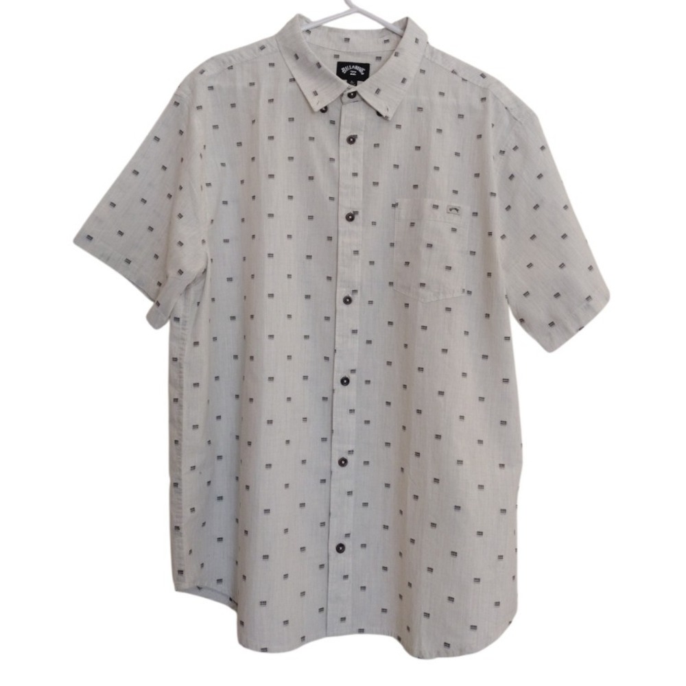 Billabong Button Down Shirt Man Large Beige AOP Short Sleeve Casual Front Pocket